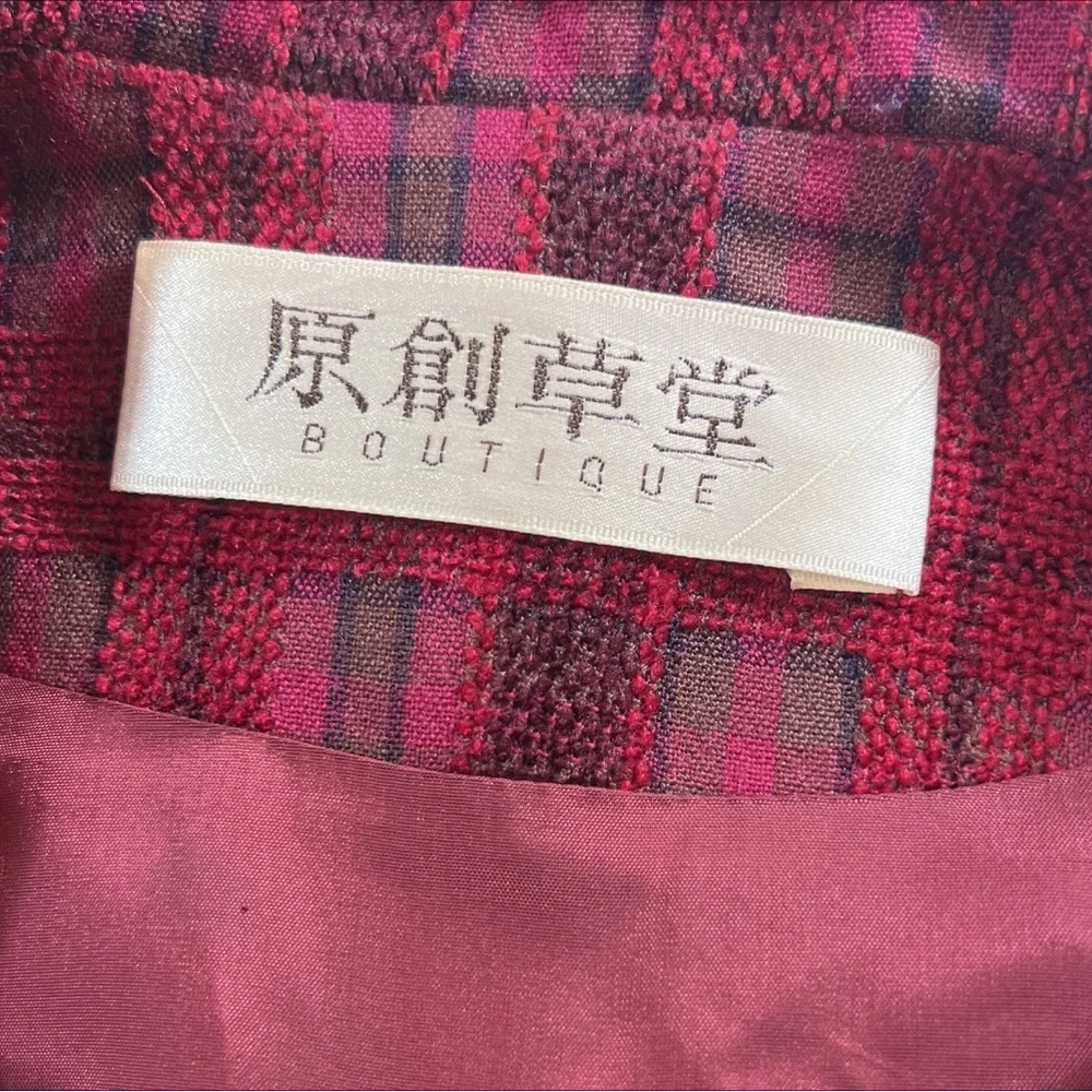 Burgundy Plaid Chenille Mix Double Breasted Coat Size S Dark Academia He… - Picture 7 of 9